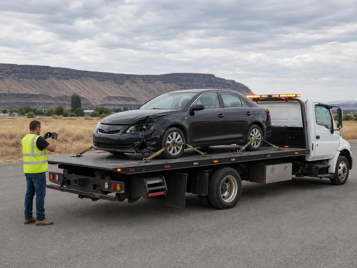 Collision-damaged car securely carried on a flatbed tow truck near Richland, Washington