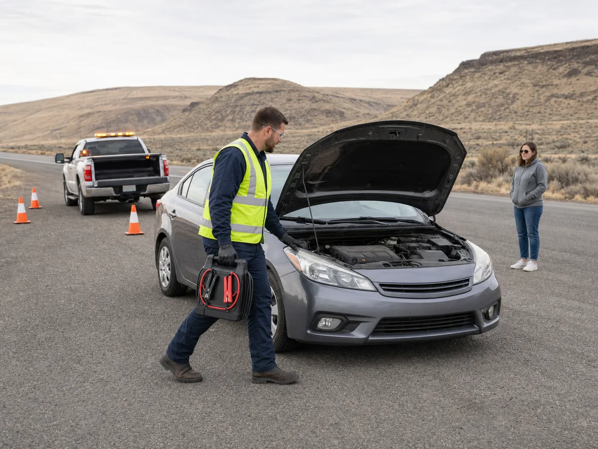 Roadside operator carrying a portable jump pack toward a car on a safe shoulder near Richland, Washington